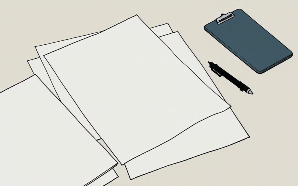 机の上に置かれた書類の束とクリップボード、ペン