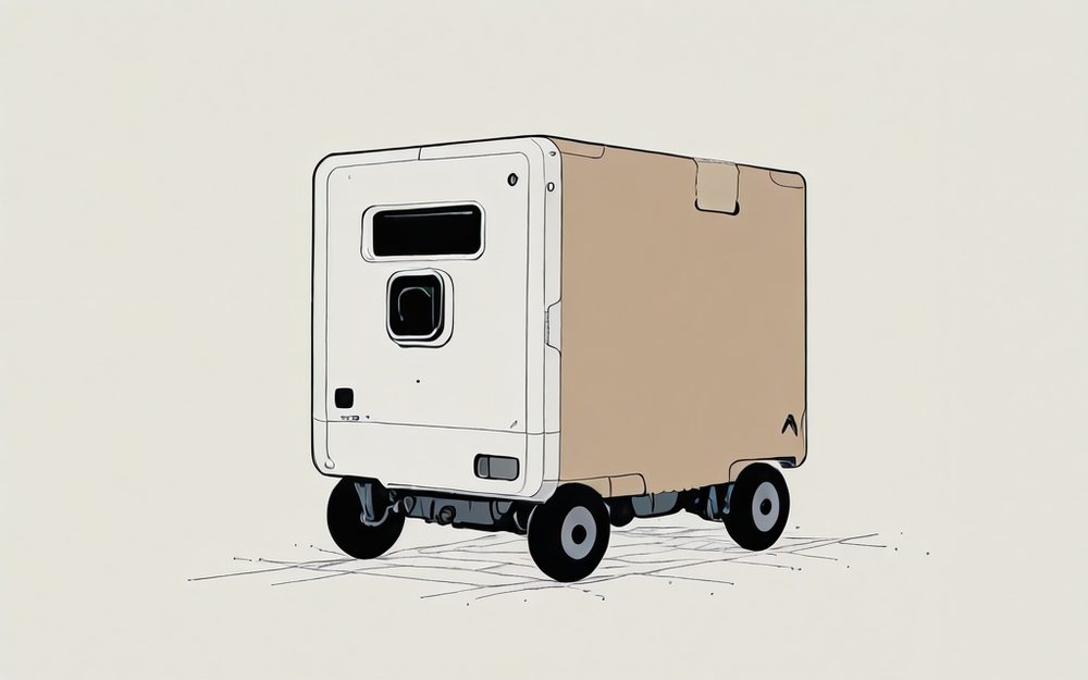 イメージイラスト: 荷物を運ぶ小型の自律配送ロボット