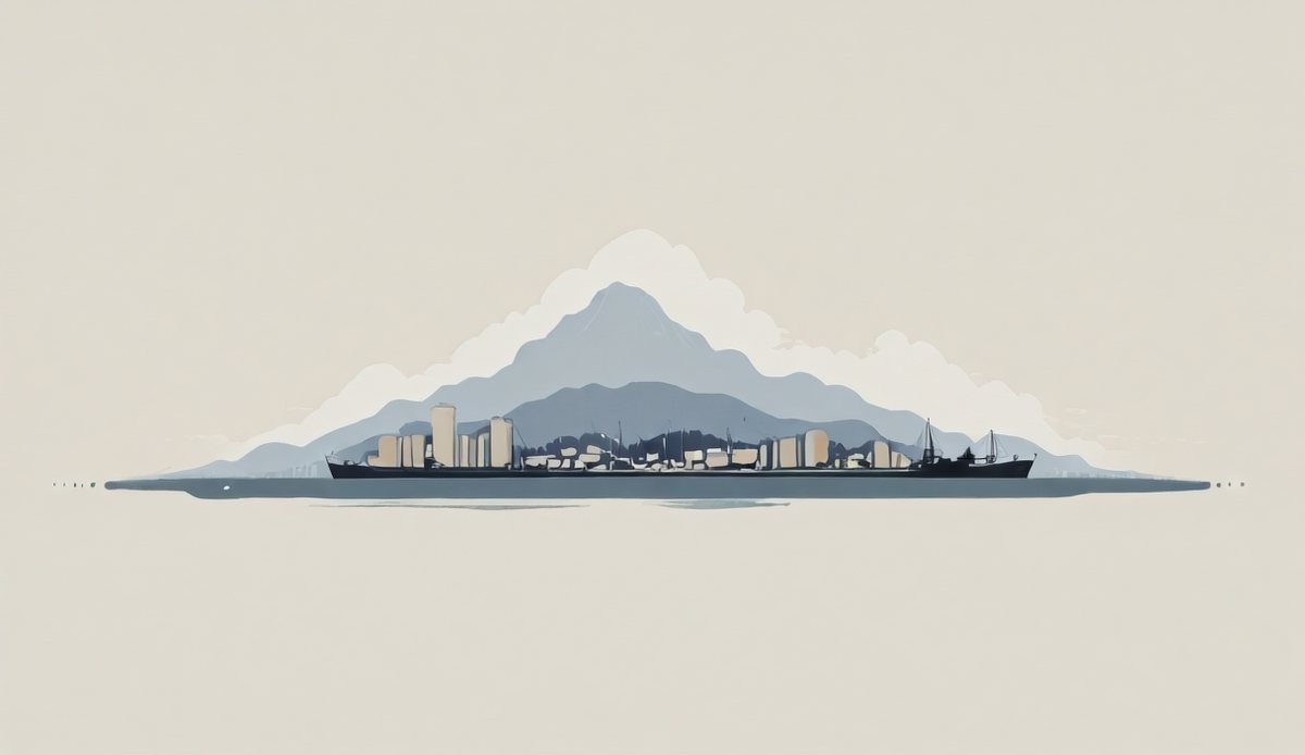 イメージイラスト: 山を背にした港と船（北九州のイメージ）